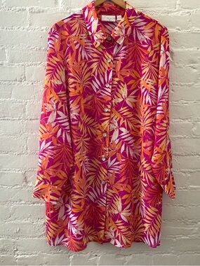 Bella Beach by Kim Gravel Long Sleeve Tropical Print Coverup Button Ip Resort XL